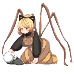 Rule 34 | 1girl, arthropod limbs, black bow, black shirt, blonde hair, blush, bow, breasts, brown dress, brown eyes, closed mouth, collared shirt, commentary request, dress, extra legs, full body, hair bow, hair bun, highres, kurodani yamame, large breasts, long dress, long sleeves, looking down, medium hair, pinafore dress, ribbon, rinyamame, shirt, simple background, skull, sleeveless dress, smile, solo, touhou, white background, yellow ribbon