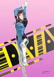 Rule 34 | 1girl, absurdres, arms up, bodysuit, breasts, brown eyes, brown hair, character name, covered navel, d.va (overwatch), facial mark, gloves, gradient background, headphones, highres, long hair, looking at viewer, medium breasts, miniryuu, overwatch, overwatch 1, parted lips, pilot suit, pink background, signature, solo, swept bangs, whisker markings, white gloves