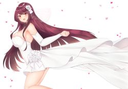 Rule 34 | 1girl, absurdres, bare shoulders, blush, breasts, bridal veil, detached sleeves, dress, girls&#039; frontline, hair ribbon, heart, highres, large breasts, long hair, looking at viewer, mapyarong, one side up, open mouth, purple hair, red eyes, ribbon, simple background, smile, solo, veil, very long hair, wa2000 (girls&#039; frontline), wedding dress, white dress
