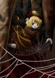 Rule 34 | 1girl, black shirt, blonde hair, bow, brown bow, brown dress, buttons, collared shirt, commentary request, dress, frilled sleeves, frills, full body, hair bow, hair bun, highres, kurodani yamame, long sleeves, looking at viewer, official style, open mouth, parasite oyatsu, parody, ribbon, shirt, short hair, silk, single hair bun, socks, solo, spider web, style parody, touhou, white socks, yellow ribbon, zun (style)