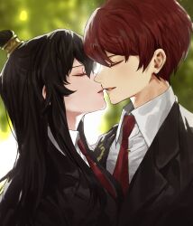 Rule 34 | 1boy, 1girl, black hair, black jacket, blurry, blurry background, blush, carol0905, closed eyes, collared shirt, commentary request, couple, from side, hair bun, hand on another&#039;s shoulder, hetero, highres, imminent kiss, jacket, lapels, library of ruina, long hair, lowell (project moon), necktie, notched lapels, parted lips, project moon, red hair, red necktie, shirt, short hair, sidelocks, single hair bun, tie clip, white shirt, wing collar, xiao (project moon)