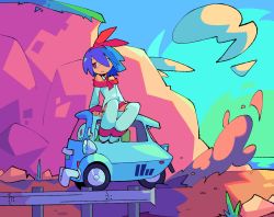 Rule 34 | 1girl, arm support, ascot, bacun, bare shoulders, blue hair, boots, bow, car, cliff, closed mouth, cloud, cloudy sky, commentary, day, detached collar, disgaea, dot nose, dress, driving, english commentary, flat chest, from side, frown, full body, grass, hair bow, hair over one eye, hairband, highres, looking to the side, makai senki disgaea, medium hair, motor vehicle, multicolored clothes, multicolored dress, multicolored footwear, off-shoulder dress, off shoulder, outdoors, pleinair, rabbit, red ascot, red bow, red dress, red eyes, red footwear, red hairband, short dress, sky, sleeves past wrists, straight hair, thigh boots, thighhighs, tire, usagi-san, vehicle focus, white dress, white footwear, zettai ryouiki