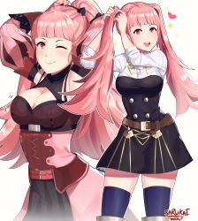 Rule 34 | 1girl, absurdres, aged up, arms up, artist name, belt, blue thighhighs, breasts, cleavage, closed mouth, earrings, female focus, fire emblem, fire emblem: three houses, garreg mach monastery uniform, highres, hilda valentine goneril, hoop earrings, jewelry, large breasts, long hair, multiple views, nintendo, one eye closed, open mouth, pink eyes, pink hair, ponytail, sarukaiwolf, simple background, smile, thighhighs, thighs, twintails, uniform, white background, zettai ryouiki