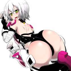 Rule 34 | 1girl, ass, bandaged arm, bandages, bare shoulders, dagger, dual wielding, fate/apocrypha, fate (series), fingerless gloves, from behind, gloves, green eyes, highres, hip focus, holding, huge ass, jack the ripper (fate/apocrypha), knife, looking at viewer, moai ex, open mouth, panties, shiny clothes, shiny skin, short hair, smile, solo, tattoo, underwear, weapon, white hair, wide hips