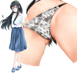 Rule 34 | 10s, 1girl, alternate costume, black hair, blue eyes, blue footwear, blue skirt, glasses, hairband, irohakaede, jewelry, kantai collection, long hair, multiple views, necklace, ooyodo (kancolle), panties, pleated skirt, shirt, shoes, short sleeves, simple background, skirt, smile, underwear, white background, white shirt