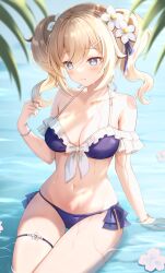 Rule 34 | 1girl, barbara (genshin impact), bare shoulders, blonde hair, blue eyes, breasts, cleavage, genshin impact, highres, nasii, outdoors, sitting, solo, swimsuit, twintails