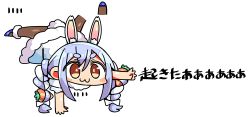 Rule 34 | 1girl, :3, animal ear fluff, animal ears, blue footwear, blue hair, blush, bow, braid, brown eyes, brown pantyhose, carrot hair ornament, chibi, closed mouth, don-chan (usada pekora), dress, food-themed hair ornament, full body, fur-trimmed dress, fur trim, hair between eyes, hair bow, hair ornament, handstand, hololive, kanikama, lowres, multicolored hair, one arm handstand, pantyhose, puffy short sleeves, puffy sleeves, rabbit ears, rabbit girl, rabbit tail, short eyebrows, short sleeves, sidelocks, simple background, tail, thick eyebrows, translation request, twin braids, twintails, two-tone hair, usada pekora, usada pekora (1st costume), virtual youtuber, white background, white bow, white dress, white hair