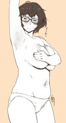 Rule 34 | 1girl, armpit hair, armpits, black hair, blush, breasts, covering privates, covering breasts, ganto, glasses, large breasts, monochrome, navel, panties, plump, short hair, simple background, thighs, topless, underwear