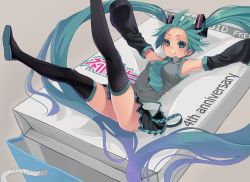 Rule 34 | 1girl, anniversary, aqua eyes, aqua hair, bag, black thighhighs, blush, detached sleeves, female focus, fkey, hatsune miku, highres, legs up, long hair, mini person, minigirl, necktie, outstretched arms, pleated skirt, shopping bag, simple background, skirt, sleeves past wrists, smile, solo, spread arms, thighhighs, twintails, very long hair, vocaloid