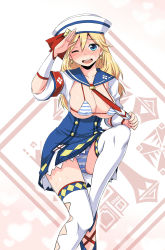 Rule 34 | 1girl, bikini, bikini top only, blonde hair, blue eyes, blush, breasts, capcom, clothes lift, covered erect nipples, dixie cup hat, earrings, full-face blush, hat, highres, jewelry, large breasts, long hair, military hat, miniskirt, monster hunter, monster hunter (series), monster hunter 3 g, necktie, panties, quest receptionist (monster hunter 3 ultimate), sailor hat, salute, shiny skin, skindentation, skirt, striped bikini, striped clothes, swimsuit, thighhighs, underwear, zaxwu