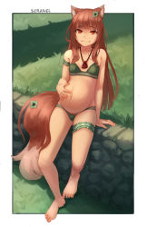 Rule 34 | 1girl, animal ears, artist name, blush, border, bra, breasts, closed mouth, clover hair ornament, collarbone, female focus, female pubic hair, full body, grass, green bra, green panties, hair ornament, highres, holo, looking at viewer, navel, outdoors, panties, pregnant, pubic hair, red eyes, seraziel, sitting, small breasts, smile, solo, spice and wolf, tail, underwear, white border, wolf ears, wolf tail