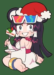 Rule 34 | 1girl, 3d glasses, ass, barefoot, black hair, blush, breasts, cake, cake slice, christmas, christmas cake, detached sleeves, food, fork, from behind, fruit, full body, gashi-gashi, green background, hat, long hair, looking at viewer, looking back, medium breasts, no nose, original, parted lips, plate, red ribbon, ribbon, ribbon trim, santa hat, simple background, sitting, smile, solo, strawberry, strawberry shortcake, tears, wariza