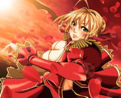 Rule 34 | 10s, 1girl, aestus estus, ahoge, blonde hair, breasts, cleavage, dress, epaulettes, fate/extra, fate (series), green eyes, hair ribbon, large breasts, nero claudius (fate), nero claudius (fate), nero claudius (fate/extra), petals, red theme, ribbon, solo, sword, tm3173tm, weapon