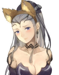 Rule 34 | 1girl, animal ears, blue eyes, blush, breasts, choker, cleavage, closed mouth, commentary request, earrings, eir (fire emblem), fake animal ears, fire emblem, fire emblem heroes, fox ears, hair ornament, jewelry, jurge, long hair, medium breasts, nintendo, ponytail, silver hair, simple background, solo, upper body, white background