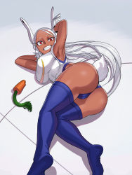 Rule 34 | 1girl, :d, absurdres, animal ears, armpits, arms up, ass, bite mark, boku no hero academia, breasts, carrot, clothing cutout, crescent print, dark-skinned female, dark skin, gloves, heattech leotard, highleg, highleg leotard, highres, koyap, large breasts, leotard, long eyelashes, long hair, looking at viewer, lying, mirko, on side, open mouth, parted bangs, purple thighhighs, rabbit ears, rabbit girl, rabbit pose, rabbit tail, red eyes, sleeveless turtleneck leotard, smile, solo, tail, tail through clothes, taut leotard, teeth, thighhighs, thighs, toned, turtleneck, twisted torso, wedgie, white gloves, white hair, white leotard