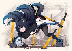Rule 34 | 1girl, animal ears, arknights, belt, belt buckle, bent over, black footwear, black gloves, black hair, black pantyhose, buckle, capelet, carillus, commentary, english commentary, field of blades, fingerless gloves, floating hair, food, food in mouth, gloves, holding, holding food, holding sword, holding weapon, id card, jacket, long hair, long sleeves, looking away, pantyhose, pocky, red belt, signature, skirt, solo, sword, tail, texas (arknights), weapon, white skirt, wolf ears, wolf tail