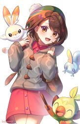 Rule 34 | 1girl, :d, backpack, bag, blush, bob cut, brown bag, brown eyes, brown hair, buttons, cable knit, cardigan, collared dress, commentary, creatures (company), dress, eyelashes, game freak, gen 8 pokemon, gloria (pokemon), green headwear, grey cardigan, grookey, hands up, hat, highres, hooded cardigan, nintendo, open mouth, pink dress, pokemon, pokemon (creature), pokemon swsh, scorbunny, shi mohaji, short hair, simple background, smile, sobble, starter pokemon trio, tam o&#039; shanter, tongue, white background