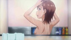 Rule 34 | 00s, 1girl, 2009, :o, arms up, bare back, bare shoulders, bath, breasts, brown eyes, brown hair, casual nudity, completely nude, female focus, from behind, highres, indoors, locker, locker room, matching hair/eyes, misaka mikoto, nude, official art, open mouth, screencap, see-through, short hair, shoulder blades, shower stall, showering, sideboob, small breasts, solo, standing, steam, toaru kagaku no railgun, toaru majutsu no index, upper body, washing, wet