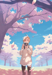 Rule 34 | 1girl, blonde hair, blue sky, branch, camera, camera around neck, cherry blossoms, dappled sunlight, day, falling petals, highres, holding, holding camera, looking up, original, outdoors, parted lips, petals, red eyes, scenery, sky, solo, spring (season), standing, sunlight, sweater, taizo (taizo 03), thighhighs, tree