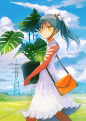 Rule 34 | 1girl, absurdres, bag, blue hair, blush, carrying, closed mouth, cloud, commentary, commentary request, day, dress, english commentary, highres, inami hatoko, landscape, lone nape hair, mixed-language commentary, mountainous horizon, orange eyes, original, outdoors, plant, potted plant, power lines, shoulder bag, side ponytail, sidelocks, sky, sleeveless, sleeveless dress, solo, sundress, transmission tower, utility pole, walking, white dress