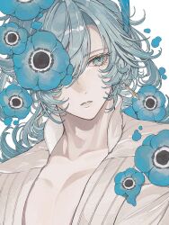 Rule 34 | 1boy, alternate eye color, alternate hair color, ao (ao0 0nemu), blue eyes, blue flower, blue hair, flower, genshin impact, hair between eyes, hair flower, hair ornament, hair over one eye, highres, kaveh (genshin impact), long hair, looking to the side, male focus, one eye covered, open mouth, serious, simple background, solo, upper body, white background