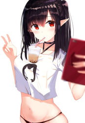 Rule 34 | 1girl, arknights, black choker, black hair, black panties, blurry, blurry foreground, blush, breasts, bubble tea, bubble tea challenge, cellphone, choker, closure (arknights), collarbone, crop top, crop top overhang, depth of field, drinking, drinking straw, groin, hair between eyes, hand up, highres, holding, large breasts, long hair, navel, no pants, object on breast, one side up, panties, phone, pointy ears, red eyes, selfie, shirt, short sleeves, sidelocks, simple background, smartphone, solo, stomach, string panties, stuffed toy, underwear, upper body, v, white background, white shirt, zhiyou ruozhe