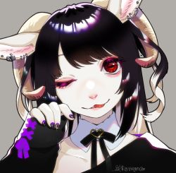 Rule 34 | 1girl, :3, animal ears, black hair, black nails, black ribbon, body fur, colored tips, cross-laced clothes, cross-laced sleeves, detached collar, ear piercing, furry, furry female, grey background, hand up, head tilt, horizontal pupils, horns, ko-on (ningen zoo), long hair, long sleeves, looking at viewer, multicolored hair, nail polish, neck ribbon, one eye closed, original, piercing, portrait, red eyes, ribbon, sheep ears, sheep girl, sheep horns, sleeves past wrists, solo, tongue, tongue out, twitter username, two-tone hair, white fur, white hair, white nails