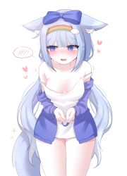 Rule 34 | 1girl, animal ear fluff, animal ears, averting eyes, bare shoulders, blue bow, blue eyes, blue hair, blue jacket, blue ribbon, blunt bangs, blush, bow, breasts, bright pupils, cleavage, cloud hair ornament, collarbone, commission, cowboy shot, dress, ears down, embarrassed, fang, hair between eyes, hair bow, hairband, heart, honyang, jacket, jewelry, legs together, light blue hair, long hair, long sleeves, low twintails, medium breasts, microdress, no bra, nose blush, off shoulder, open clothes, open jacket, open mouth, original, own hands together, pussy juice, rainbow hairband, ribbon, ring, simple background, sleeveless, sleeveless dress, slit pupils, smile, spoken blush, strap slip, sweatdrop, tail, twintails, very long hair, white background, white dress, white pupils, wrist ribbon