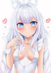 Rule 34 | + +, 1girl, absurdres, ahoge, animal ears, azur lane, bare shoulders, blue eyes, blush, braid, breasts, closed mouth, collarbone, commentary request, fake animal ears, grey hair, hair intakes, hand up, heart, highres, le malin (azur lane), le malin (listless lapin) (azur lane), leotard, long hair, low twintails, rabbit ears, ryara, simple background, small breasts, smile, solo, twin braids, twintails, very long hair, white background, white leotard, wrist cuffs