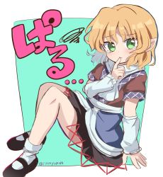 Rule 34 | ..., 1girl, arm warmers, black footwear, black skirt, blonde hair, blush, brown shirt, closed mouth, commentary request, full body, green eyes, highres, looking at viewer, mary janes, mizuhashi parsee, one-hour drawing challenge, paru paru, pointy ears, ramudia (lamyun), scarf, shirt, shoes, short hair, short sleeves, skirt, socks, solo, squiggle, tearing up, touhou, twitter username, white scarf