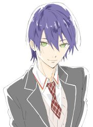 Rule 34 | 1boy, absurdres, bad id, bad twitter id, closed mouth, collared shirt, donguri suzume, green eyes, grey jacket, highres, jacket, kenmochi touya, kenmochi touya (1st costume), looking at viewer, male focus, nijisanji, purple hair, red neckwear, shirt, simple background, smile, solo, upper body, vest, virtual youtuber, white background, white shirt, wing collar