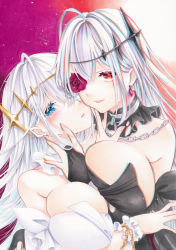 Rule 34 | 2girls, azur lane, black dress, black vs white, blue eyes, blue gemstone, breast press, breasts, chain, chain necklace, chromatic aberration, cleavage, contrast, detached collar, dress, dual persona, earrings, emden (azur lane), flower, flower in eye, gem, gold chain, heart, heart-shaped pupils, highres, jewelry, large breasts, long hair, looking at viewer, marker (medium), mimi (mini1474), multiple girls, necklace, padlock, padlocked collar, red background, red eyes, red flower, red gemstone, red rose, rose, simple background, skindentation, strapless, strapless dress, symbol-shaped pupils, symbol in eye, traditional media, upper body, white dress, white flower, white hair, white rose, yuri