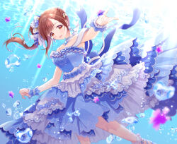 Rule 34 | 1girl, air bubble, bare shoulders, blue bow, blue brooch, blue dress, blue flower, blue scrunchie, blurry, blush, bow, breasts, brown eyes, brown hair, bubble, clenched hand, collar, depth of field, detached collar, dot nose, dress, dress bow, flower, frilled dress, frills, hair bow, hair flower, hair ornament, hair ribbon, hands up, highres, idolmaster, idolmaster cinderella girls, idolmaster cinderella girls starlight stage, igarashi kyoko, jewelry, konase (non stop!), layered dress, long hair, looking at viewer, medium breasts, necklace, open mouth, pearl necklace, plaid, purple flower, reaching, reaching towards viewer, ribbon, scrunchie, shoes, side ponytail, sleeveless, sleeveless dress, smile, solo, sunlight, underwater, white collar, white footwear, white ribbon, wrist scrunchie