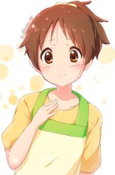 Rule 34 | 1girl, apron, atu, bad id, bad pixiv id, blush, bow, brown eyes, brown hair, close-up, closed mouth, commentary request, folded ponytail, hair bow, hair ornament, hand on own chest, head tilt, highres, hirasawa ui, k-on!, light particles, shirt, short hair, short sleeves, signature, simple background, smile, white background, yellow shirt