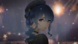 Rule 34 | 1girl, asymmetrical hair, beret, black choker, blue eyes, blue hair, blue ribbon, blurry, blurry background, cauchyconjugacy, chinese commentary, choker, closed mouth, derivative work, eyelashes, grey hat, grey jacket, hair between eyes, hair ribbon, hat, highres, hololive, hoshimachi suisei, hoshimachi suisei (1st costume), jacket, lips, looking at viewer, looking back, medium hair, mixed-language commentary, plaid, plaid headwear, plaid jacket, portrait, ribbon, shooting star, side ponytail, smile, solo, star (symbol), star in eye, striped ribbon, symbol in eye, virtual youtuber, wavy hair