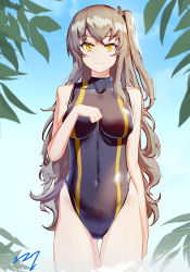Rule 34 | 1girl, absurdres, alternate breast size, black one-piece swimsuit, brown hair, casual one-piece swimsuit, chinese commentary, commentary request, covered navel, girls&#039; frontline, gradient sky, highleg, highleg swimsuit, highres, impossible clothes, impossible swimsuit, looking at viewer, one-piece swimsuit, one side up, sky, smile, solo, swimsuit, turtleneck, ump45 (girls&#039; frontline), yellow eyes, zzq