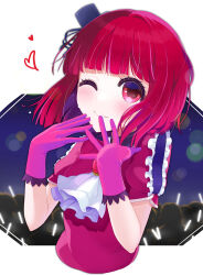 Rule 34 | 1girl, absurdres, arima kana, black hat, blush, bob cut, gloves, hat, hat ribbon, heart, highres, idol, idol clothes, inverted bob, light, looking at viewer, one eye closed, oshi no ko, pink gloves, red eyes, red hair, red shirt, ribbon, shirt, short hair, smile, solo, suama (pixiv10592745), upper body