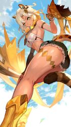 1girl animal_ears bare_shoulders blonde_hair breasts dark_skin genshin_impact green_eyes hair_between_eyes high-waist_shorts highres jaguar_ears jaguar_girl jaguar_tail jewelry lack long_hair looking_at_viewer multicolored_hair nail_polish shorts sideboob tail thighs xilonen_(genshin_impact)