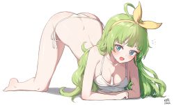 Rule 34 | 1girl, :d, ahoge, all fours, bikini, blunt ends, blush, breasts, breasts apart, butt crack, collarbone, crossed arms, full body, green hair, hairband, highres, idolmaster, idolmaster million live!, long hair, looking at viewer, myeolchi, open mouth, shimabara elena, side-tie bikini bottom, simple background, smile, solo, swimsuit, white background, white bikini, yellow hairband