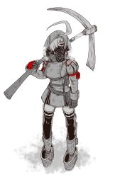 Rule 34 | 1girl, ahoge, armor, axe, birthday, breasts, crutch, eyebrows, flat color, gas mask, gloves, greyscale, hair over one eye, highres, holding, holding weapon, huge ahoge, indie virtual youtuber, jacket, large breasts, leg brace, limited palette, mask, military jacket, monochrome, pauldrons, pickaxe, pocket, puffy sleeves, red gloves, respirator, shoulder armor, spot color, thighhighs, thighs, v no name (vtuber), virtual youtuber, weapon, weeds, white background, zyugoya
