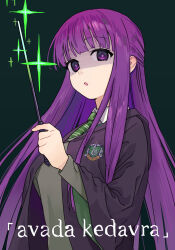 Rule 34 | 1girl, :o, alternate costume, bright pupils, collared shirt, commentary request, eyelashes, fern (sousou no frieren), green background, green necktie, green sweater, harry potter (series), highres, holding, holding wand, hood, hood down, hooded robe, long hair, long sleeves, necktie, parted lips, purple eyes, purple hair, robe, shirt, sidelocks, slytherin, solo, some1else45, sousou no frieren, sparkle, sweater, upper body, wand, white shirt, wizarding world