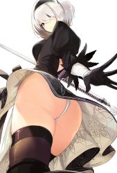 Rule 34 | 1girl, ass, back cutout, black dress, black hairband, black thighhighs, blue eyes, boots, clothing cutout, dress, feather-trimmed sleeves, from below, hairband, highleg, highleg leotard, holding, holding sword, holding weapon, juliet sleeves, leotard, long sleeves, miruto netsuki, mole, mole under mouth, nier (series), nier:automata, outstretched hand, puffy sleeves, ribbed dress, silver hair, simple background, solo, sword, thighhighs, thighhighs under boots, thighs, vambraces, weapon, white background, white leotard, 2b (nier:automata)