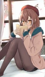 Rule 34 | 1girl, black shorts, book, brown eyes, brown hair, brown jacket, brown pantyhose, covering own mouth, glasses, hair between eyes, hat, hat feather, highres, holding, holding book, hololive, hololive english, indoors, jacket, knees up, long sleeves, looking at viewer, nanashi mumei, on bed, open book, pantyhose, red hat, round eyewear, shorts, shuuzo3, sitting, solo, virtual youtuber, window