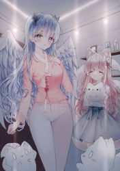 Rule 34 | 2girls, ^ ^, absurdres, ahoge, animal, animal ear fluff, animal ears, blue eyes, blue hair, blue skirt, breasts, cat, closed eyes, closed mouth, commentary request, feathered wings, fox, hair intakes, hand up, highres, indoors, long hair, long sleeves, medium breasts, multiple girls, original, pants, pink hair, pink shirt, pleated skirt, shelf, shirt, skirt, standing, tail raised, tandohark, very long hair, white pants, white shirt, white wings, wings