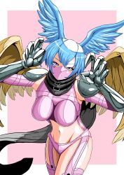Rule 34 | 1girl, absurdres, arm warmers, bikini, black scarf, blue hair, boots, breasts, claw pose, claws, commentary request, covered mouth, digimon, digimon (creature), facial mark, feathered wings, garter straps, groin, hair between eyes, hair wings, highres, large breasts, long hair, looking at viewer, mask, midriff, mouth mask, navel, ninja mask, partial commentary, purple bikini, purple eyes, purple footwear, purple mask, sawa d, scarf, shoulder pads, shutumon, sidelocks, solo, swimsuit, thigh boots, wings