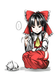 Rule 34 | ..., 1girl, bare shoulders, black eyes, black hair, bow, cat, commentary request, detached sleeves, dress, hair bow, hair tubes, hakurei reimu, hip vent, kuranosuke, long sleeves, red dress, solo, squatting, touhou, wide sleeves