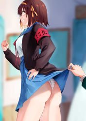 Rule 34 | 1girl, absurdres, ass, blue sailor collar, blurry, blurry background, bob cut, brown eyes, brown hair, clenched hand, clothes lift, hair ornament, hairband, hand on own hip, highres, kita high school uniform, orange hairband, panties, red ribbon, ribbon, rororo, sailor collar, school uniform, serafuku, short hair, skirt, skirt lift, striped clothes, striped panties, suzumiya haruhi, suzumiya haruhi no yuuutsu, underwear