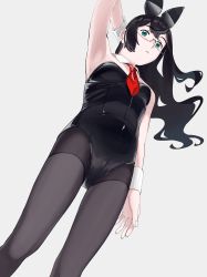 Rule 34 | 1girl, absurdres, animal ears, black hair, black leotard, black pantyhose, breasts, cowboy shot, detached collar, fake animal ears, from below, glasses, green eyes, grey background, highres, kantai collection, leotard, long hair, looking at viewer, neckerchief, ojipon, ooyodo (kancolle), pantyhose, playboy bunny, rabbit ears, red neckerchief, semi-rimless eyewear, simple background, small breasts, solo, standing, strapless, strapless leotard, thighband pantyhose, under-rim eyewear, wrist cuffs