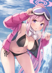 Rule 34 | 1girl, :o, armpits, bikini, black bikini, blue archive, blush, breasts, breath, cleavage, eimi (blue archive), eimi (swimsuit) (blue archive), goggles, goggles on head, halo, highres, jacket, large breasts, leaning forward, long hair, looking at viewer, matsu520, navel, outdoors, padded jacket, pink hair, pink jacket, ponytail, purple eyes, revision, scarf, side-tie bikini bottom, ski goggles, solo, stomach, swimsuit, very long hair, white scarf
