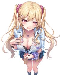 Rule 34 | 1girl, :d, black bra, blonde hair, blue skirt, blush, bra, breasts, cleavage, clothes pull, collared shirt, earrings, feet out of frame, gomashio ponz, hair ornament, hair scrunchie, hairclip, highres, jewelry, kneehighs, large breasts, long hair, long sleeves, looking at viewer, miniskirt, necklace, open mouth, original, pink eyes, plaid, plaid skirt, pleated skirt, pulled by self, scrunchie, shirt, shirt pull, simple background, skirt, smile, socks, solo, standing, twintails, twitter username, underwear, white background, wrist scrunchie